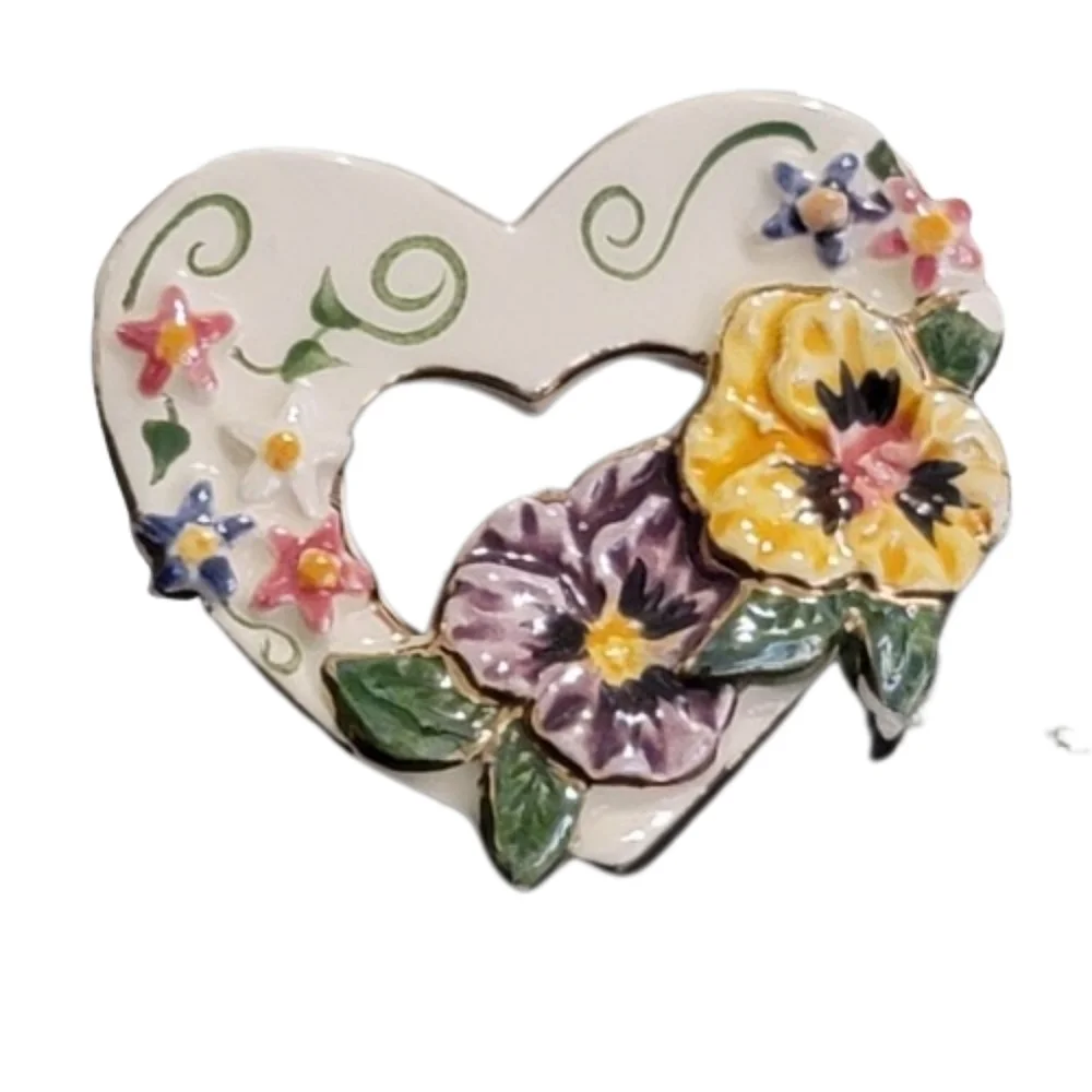 Vintage Ceramic Heart Brooch with Pansies and Wildflowers